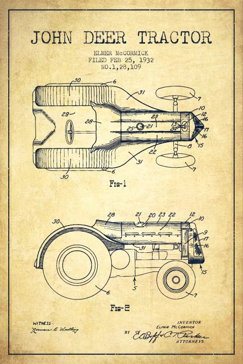 John Deer Vintage Patent Blueprint