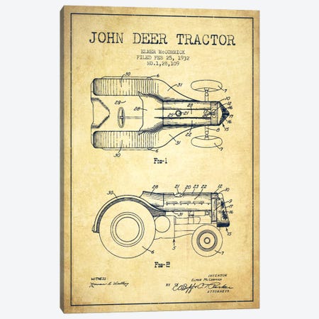 John Deer Vintage Patent Blueprint Canvas Print #ADP648} by Aged Pixel Art Print