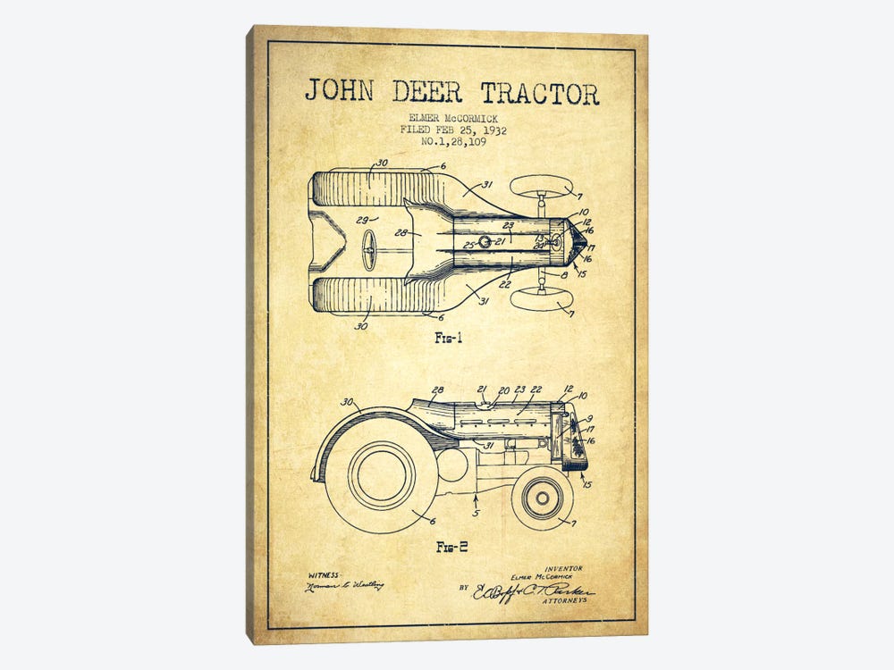 John Deer Vintage Patent Blueprint by Aged Pixel 1-piece Art Print