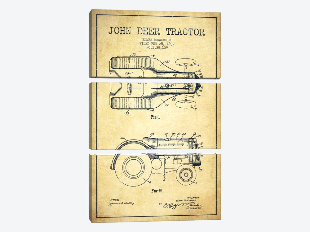 John Deer Vintage Patent Blueprint by Aged Pixel 3-piece Art Print