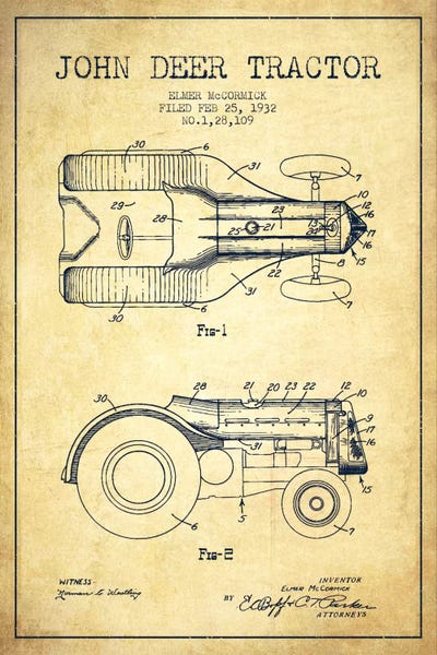 Tractors: John Deer Vintage Patent Blueprint by Aged Pixel