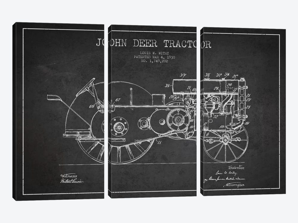 John Deer 3 Charcoal Patent Blueprint by Aged Pixel 3-piece Canvas Art