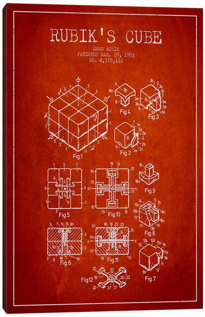 Rubik Red Patent Blueprint Canvas Art Print - Toy & Game Blueprints