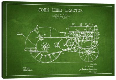 John Deer Green Patent Blueprint Canvas Art Print - Engineering & Machinery Blueprints