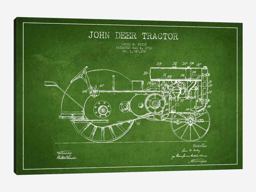 John Deer Green Patent Blueprint by Aged Pixel 1-piece Canvas Artwork