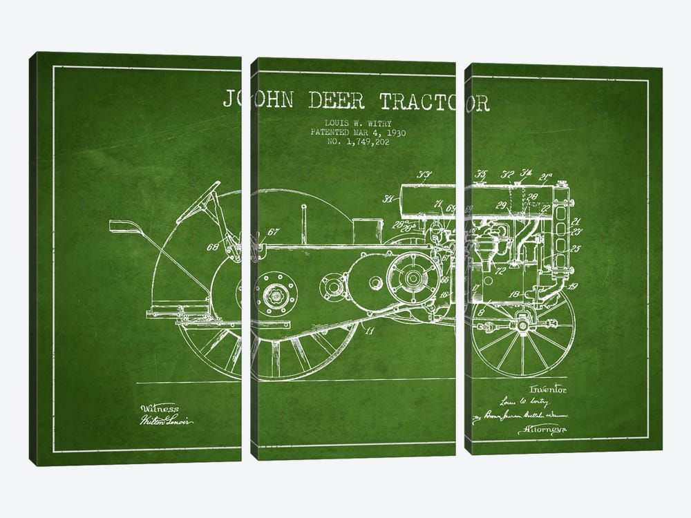 John Deer Green Patent Blueprint by Aged Pixel 3-piece Canvas Art