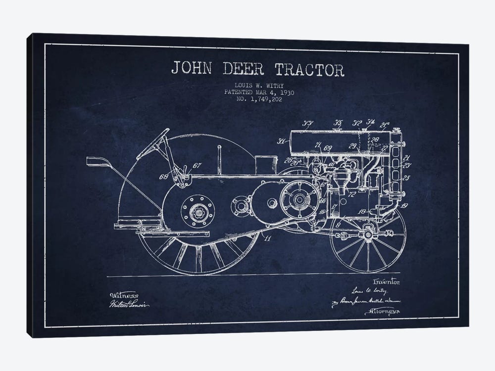 John Deer 3 Navy Blue Patent Blueprint by Aged Pixel 1-piece Art Print