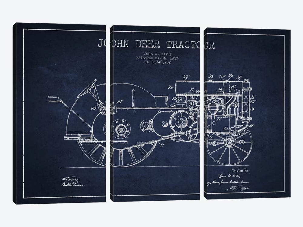 John Deer 3 Navy Blue Patent Blueprint by Aged Pixel 3-piece Canvas Print