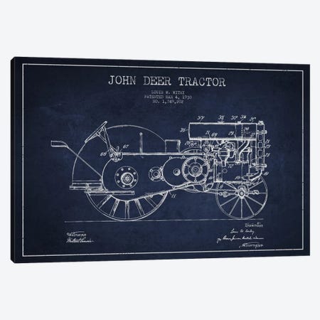 John Deer 3 Navy Blue Patent Blueprint Canvas Print #ADP651} by Aged Pixel Canvas Art
