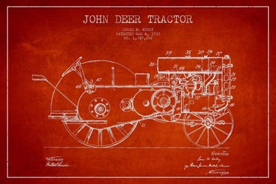 John Deer Red Patent Blueprint by Aged Pixel metal wall art
