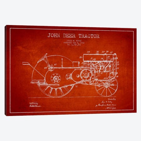 John Deer Red Patent Blueprint Canvas Print #ADP652} by Aged Pixel Canvas Wall Art