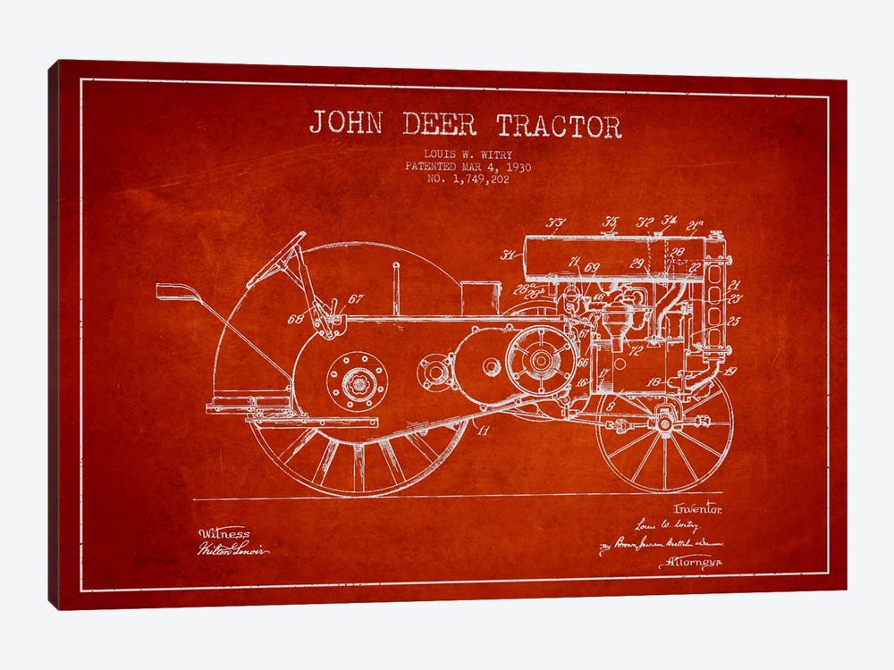 John Deer Red Patent Blueprint by Aged Pixel 1-piece Canvas Art