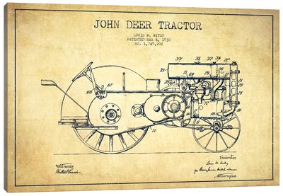 John Deer Vintage Patent Blueprint Canvas Art Print - Tractors