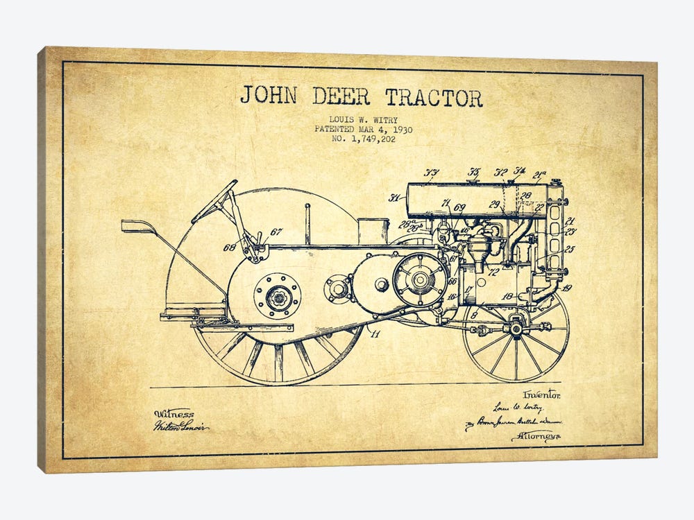 John Deer Vintage Patent Blueprint by Aged Pixel 1-piece Canvas Art Print