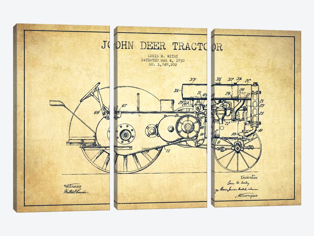 John Deer Vintage Patent Blueprint by Aged Pixel 3-piece Canvas Art Print