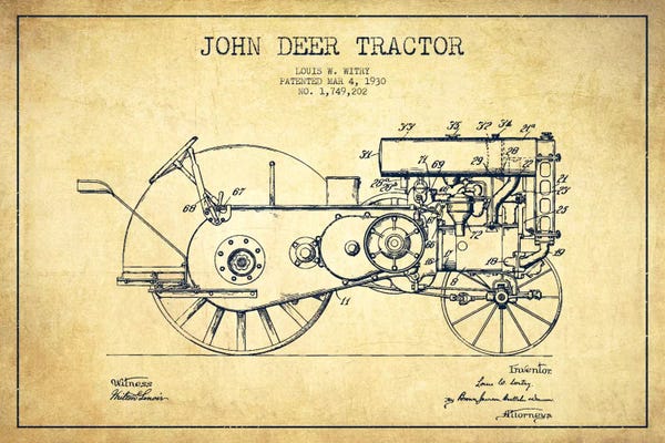 Tractors: John Deer Vintage Patent Blueprint by Aged Pixel