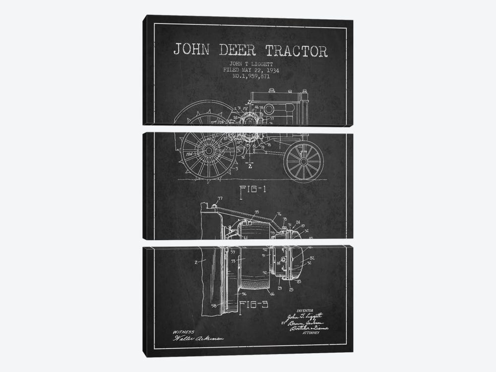 John Deer 4 Charcoal Patent Blueprint by Aged Pixel 3-piece Canvas Art