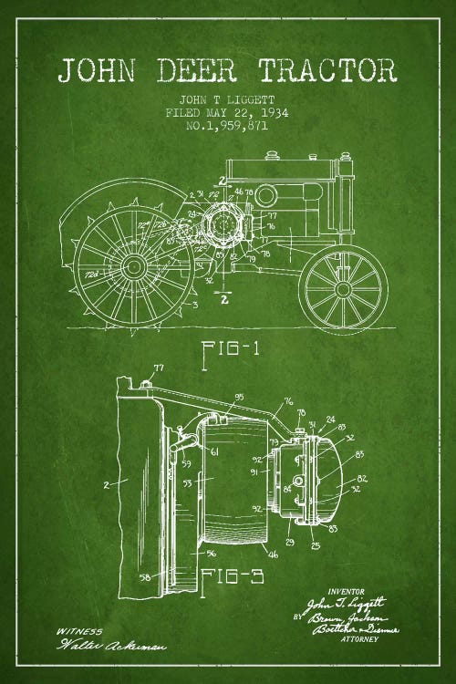 John Deer Green Patent Blueprint by Aged Pixel wall art