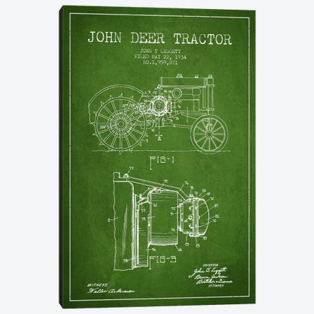 John Deer Green Patent Blueprint Canvas Print #ADP655} by Aged Pixel Canvas Print