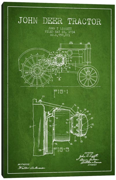John Deer Green Patent Blueprint Canvas Art Print - Tractors