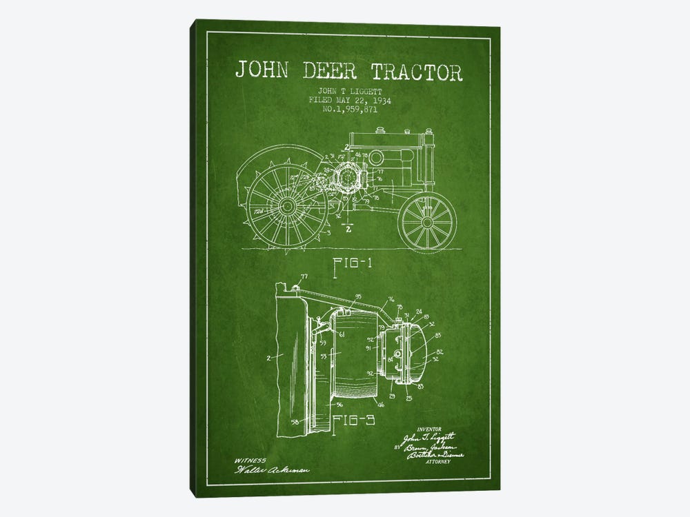 John Deer Green Patent Blueprint by Aged Pixel 1-piece Canvas Print