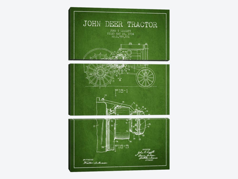 John Deer Green Patent Blueprint by Aged Pixel 3-piece Canvas Print