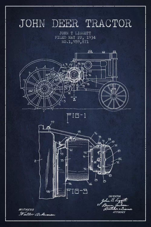 John Deer 4 Navy Blue Patent Blueprint by Aged Pixel wall art