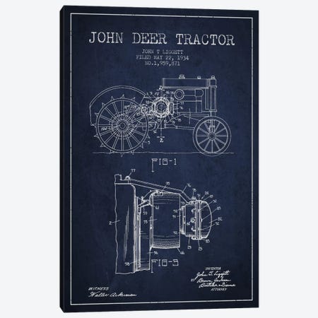 John Deer 4 Navy Blue Patent Blueprint Canvas Print #ADP656} by Aged Pixel Art Print
