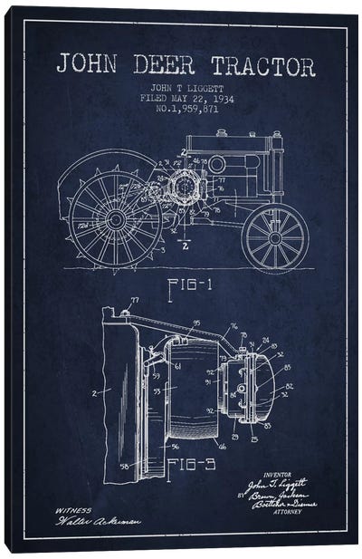 John Deer 4 Navy Blue Patent Blueprint Canvas Art Print - Engineering & Machinery Blueprints