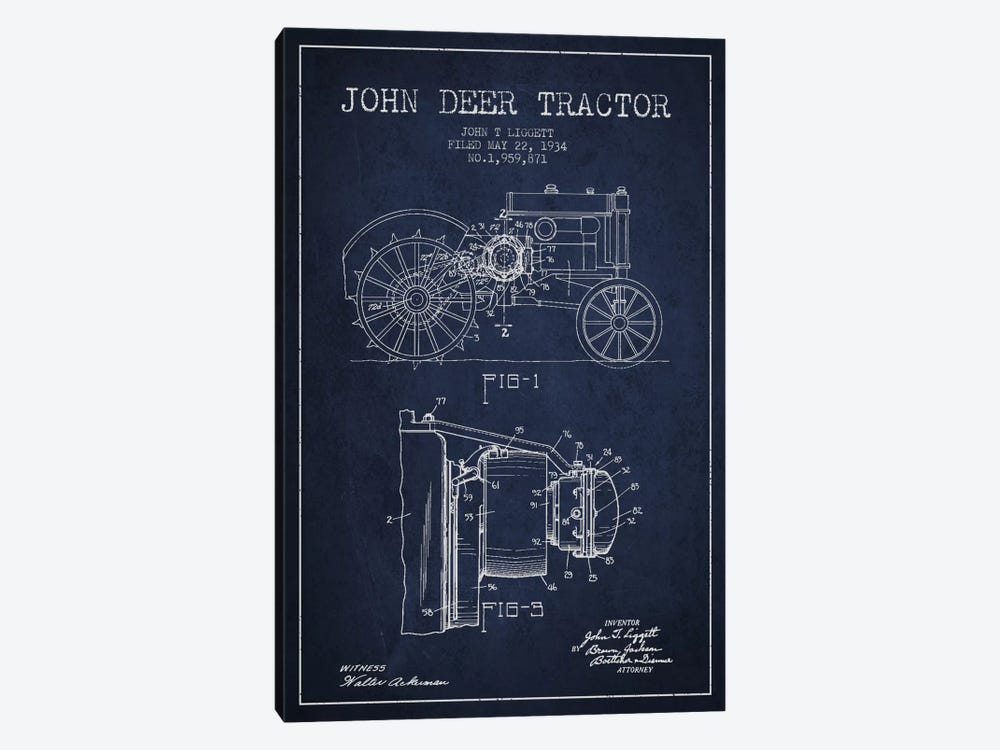 John Deer 4 Navy Blue Patent Blueprint by Aged Pixel 1-piece Canvas Art