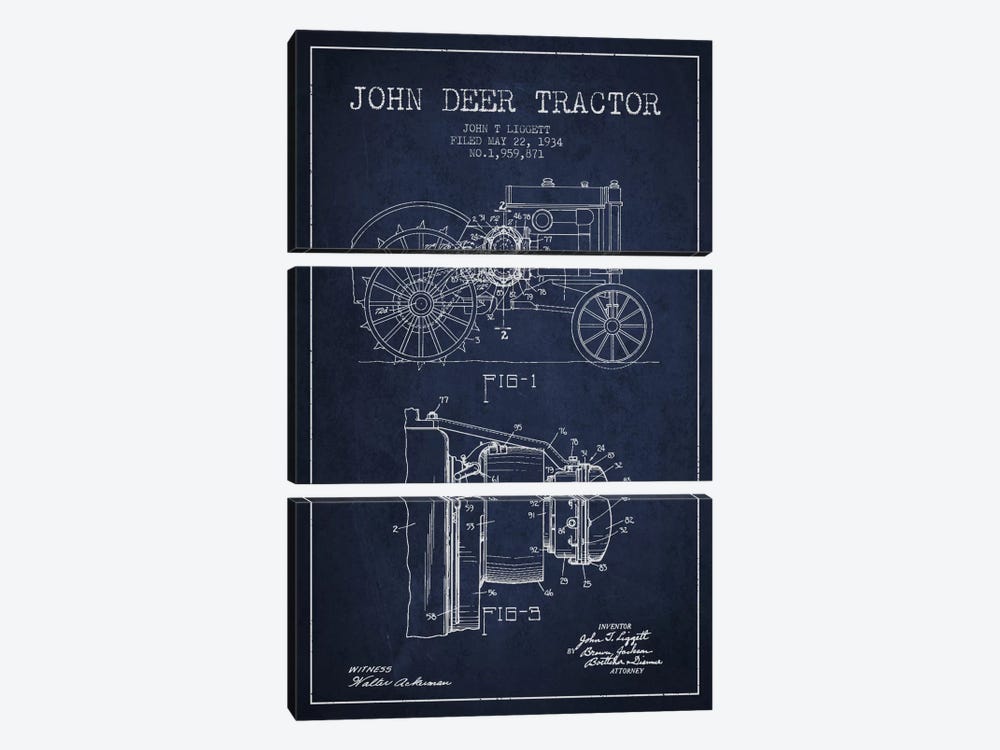 John Deer 4 Navy Blue Patent Blueprint by Aged Pixel 3-piece Canvas Art