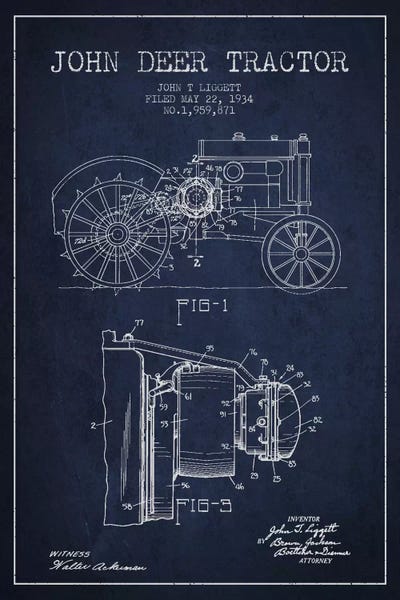 Tractors: John Deer 4 Navy Blue Patent Blueprint by Aged Pixel