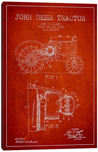 John Deer Red Patent Blueprint Canvas Art Print - Engineering & Machinery Blueprints