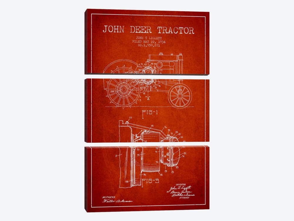 John Deer Red Patent Blueprint by Aged Pixel 3-piece Canvas Print