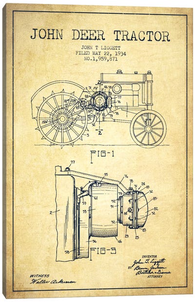 John Deer Vintage Patent Blueprint Canvas Art Print - Tractors