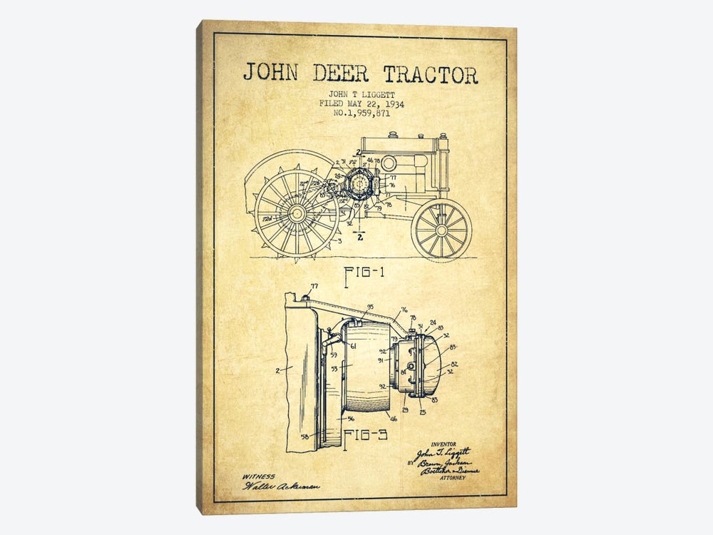 John Deer Vintage Patent Blueprint by Aged Pixel 1-piece Canvas Art