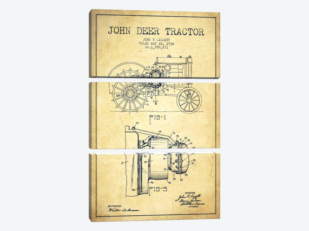 John Deer Vintage Patent Blueprint by Aged Pixel 3-piece Canvas Wall Art