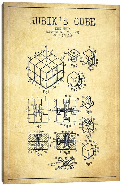 Rubik Vintage Patent Blueprint Canvas Art Print - Aged Pixel: Toys & Games