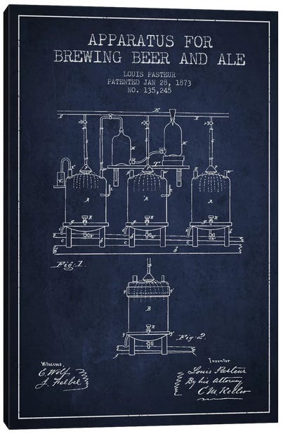 Ale Apparatus Navy Blue Patent Blueprint Canvas Art Print - Aged Pixel: Drink & Beer