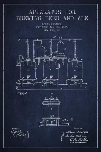 Food & Drink Blueprints: Ale Apparatus Navy Blue Patent Blueprint by Aged Pixel