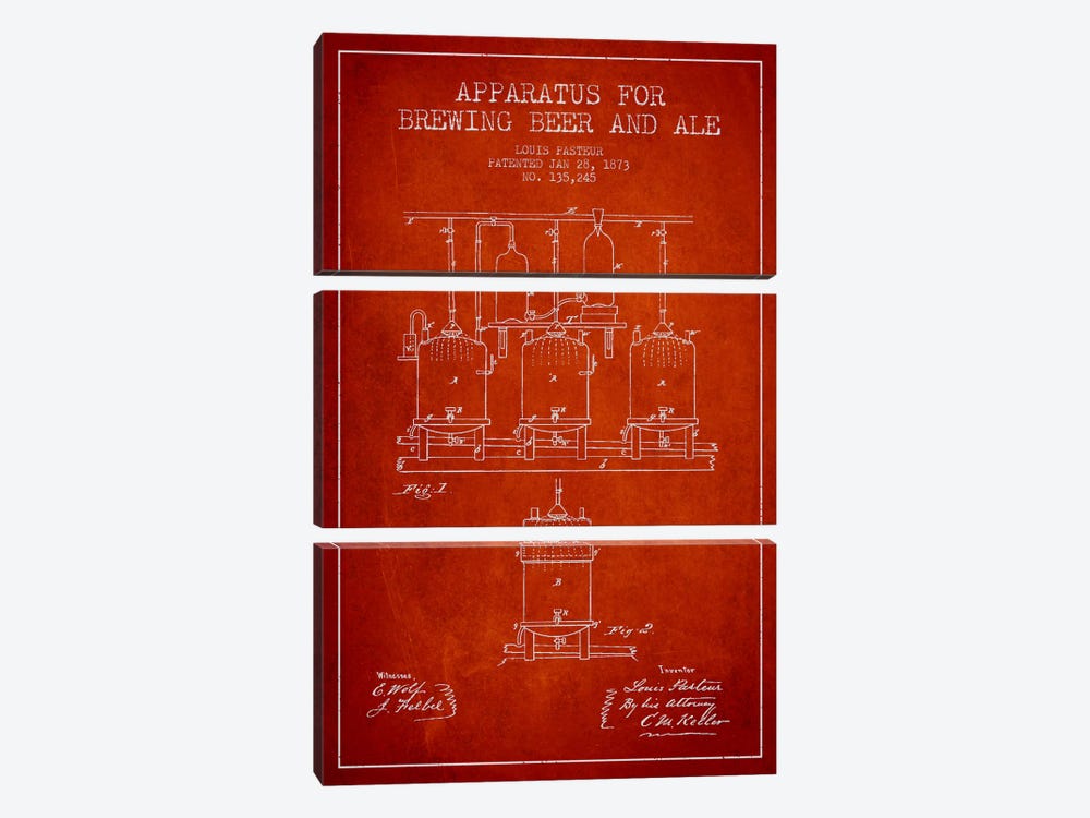 Ale Apparatus Red Patent Blueprint by Aged Pixel 3-piece Canvas Print