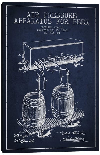 Beer Apparatus Navy Blue Patent Blueprint Canvas Art Print - Beer Art