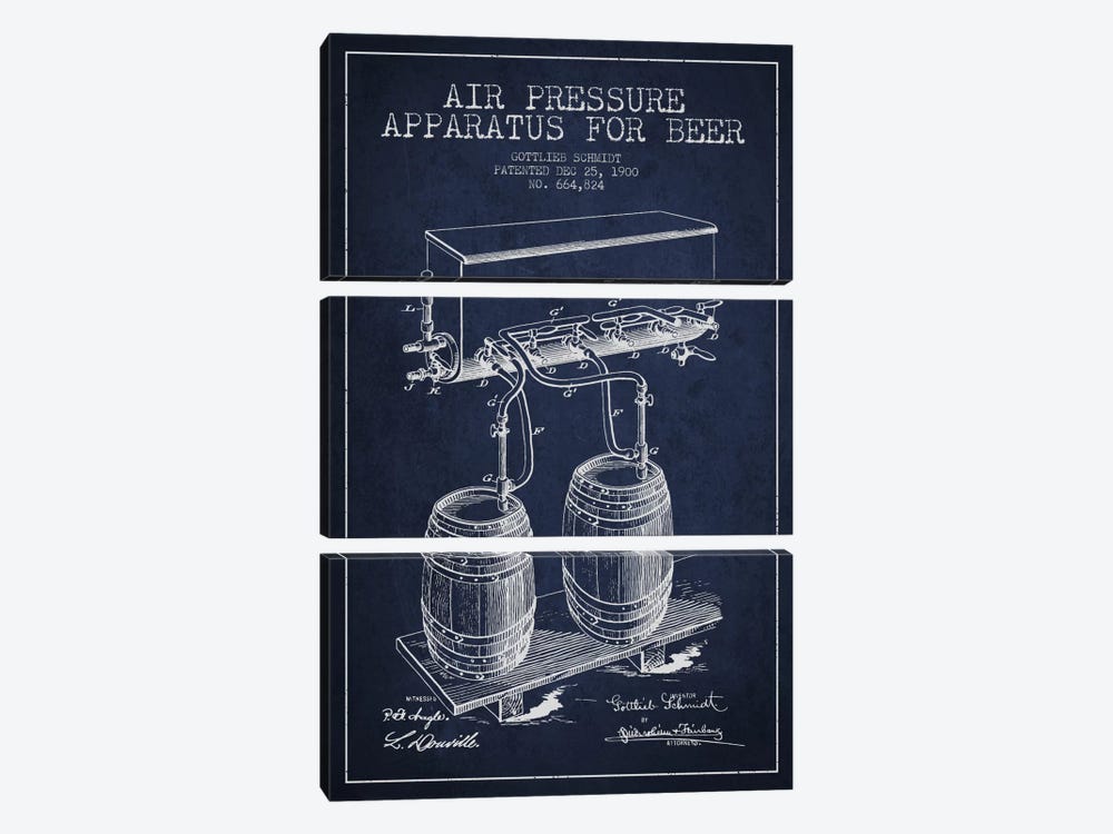 Beer Apparatus Navy Blue Patent Blueprint by Aged Pixel 3-piece Canvas Art Print