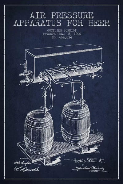 Food & Drink Blueprints: Beer Apparatus Navy Blue I Patent Blueprint by Aged Pixel