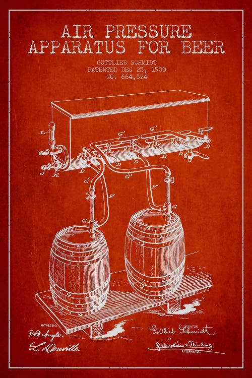 Beer Apparatus Red I Patent Blueprint by Aged Pixel wall art