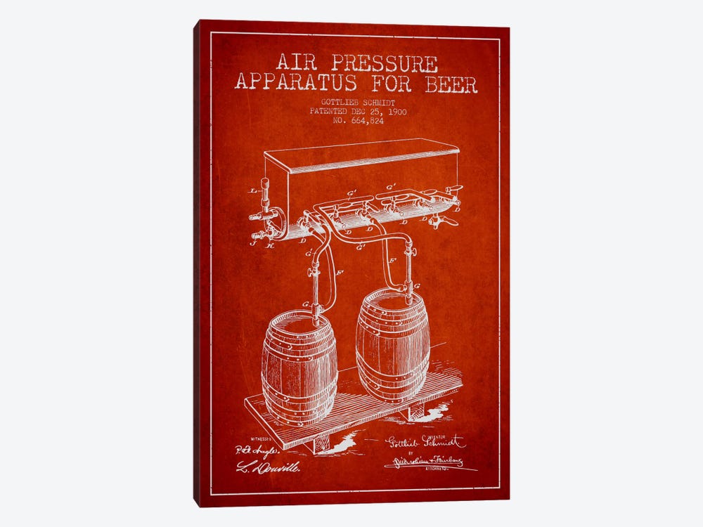 Beer Apparatus Red Patent Blueprint by Aged Pixel 1-piece Canvas Artwork