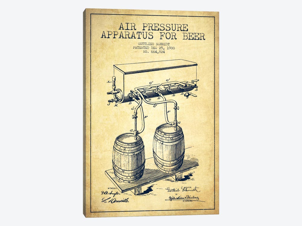 Beer Apparatus Vintage Patent Blueprint by Aged Pixel 1-piece Canvas Art Print