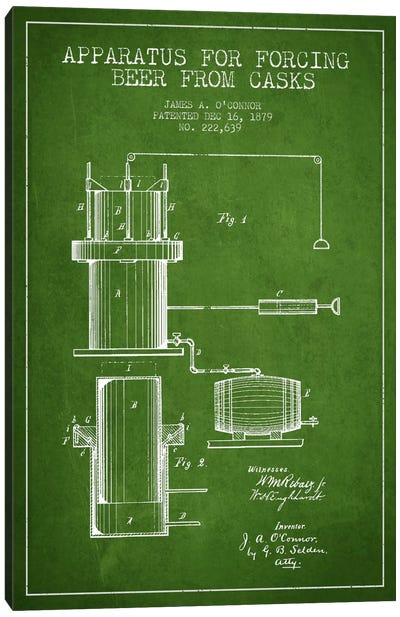 Beer Apparatus Green Patent Blueprint Canvas Art Print - Bar Art