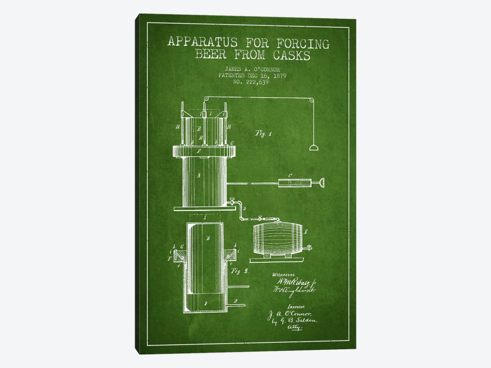 Beer Apparatus Green Patent Blueprint by Aged Pixel 1-piece Canvas Artwork