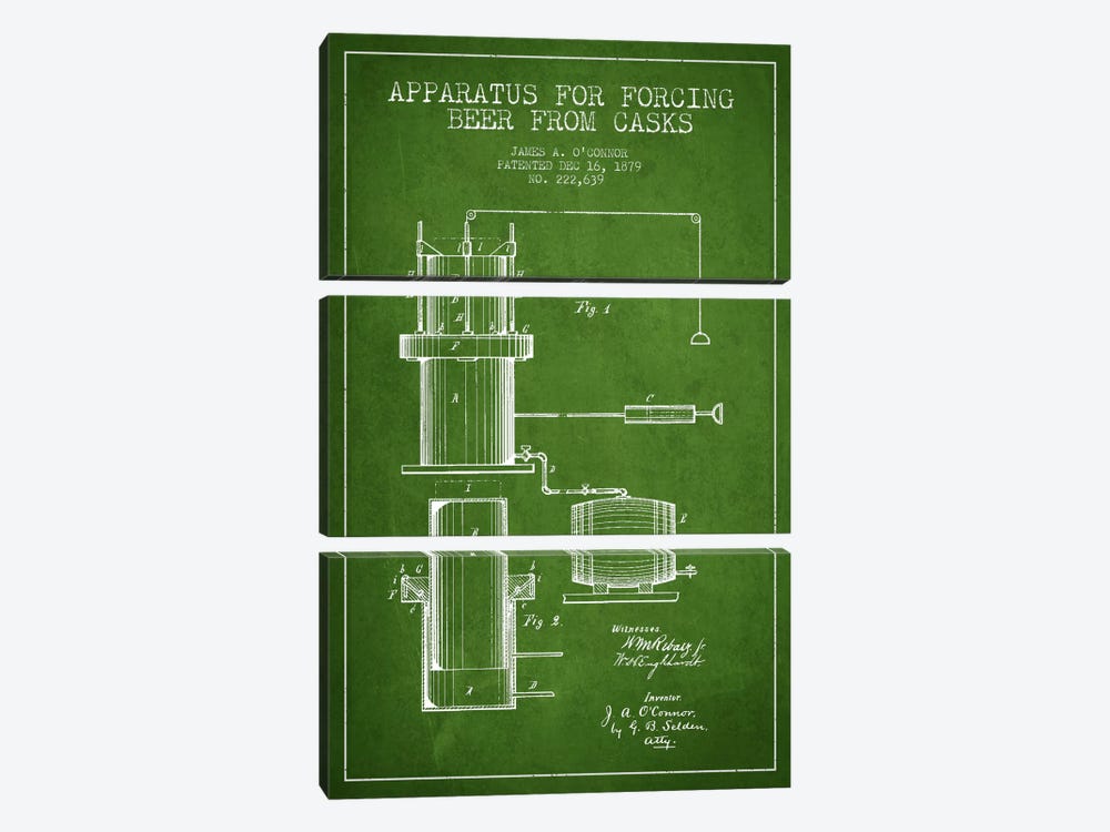 Beer Apparatus Green Patent Blueprint by Aged Pixel 3-piece Canvas Artwork
